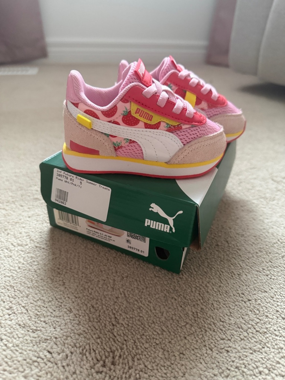 Puma Kids Pink and Red Lightweight Sneakers with Yellow Accents